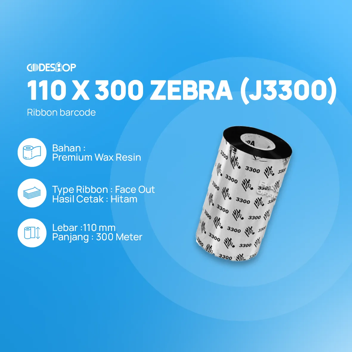 RIBBON BARCODE WAX RESIN 110X300 ZEBRA (J3300) - Image 2